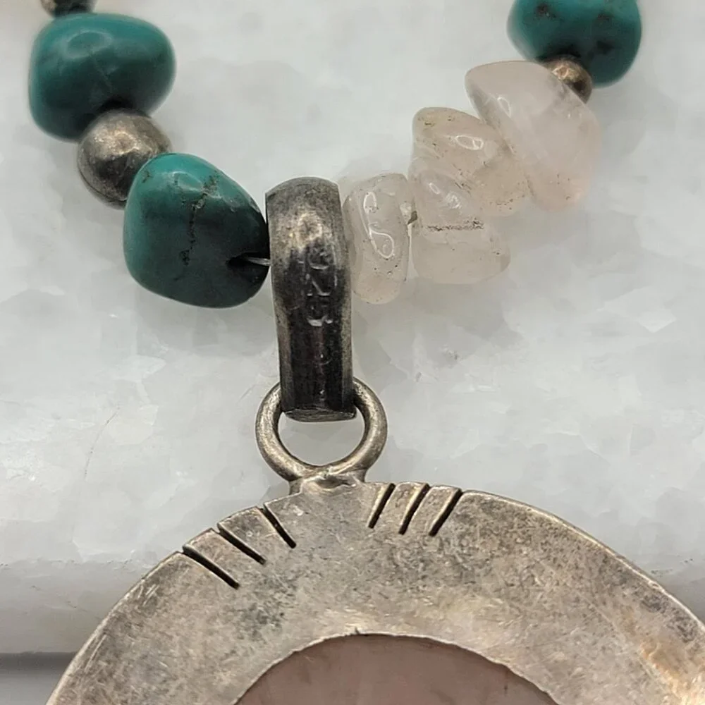 Navajo 925 Sterling Silver Rose Quartz Turquoise Bone Necklace - Picture 4 of 5